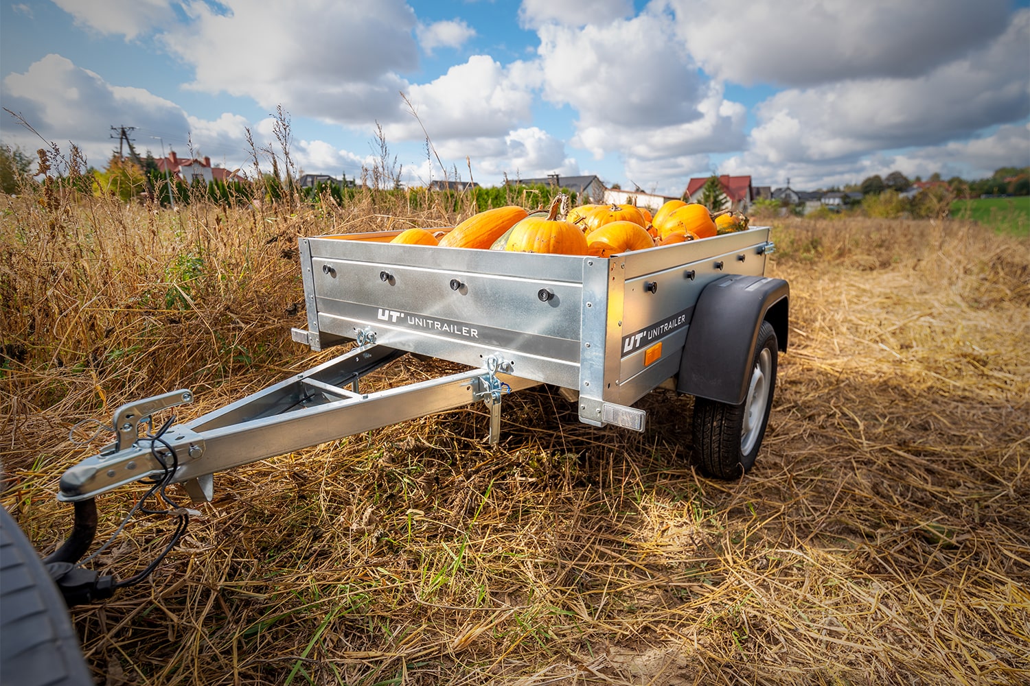 Einachsiger Unitrailer PKW-Anhänger beladen mit orangefarbenen Kürbissen, abgestellt auf einer trockenen Wiese unter leicht bewölktem Himmel.